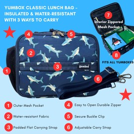 Yumbox Kids Lunch Bag, Holds Lunch Box and Water Bottle, 3 Ways to Carry, Zip Closure, Inside Zipper Netting, Wipe Clean Fabric with EVA lining for extra insulation (Shark)