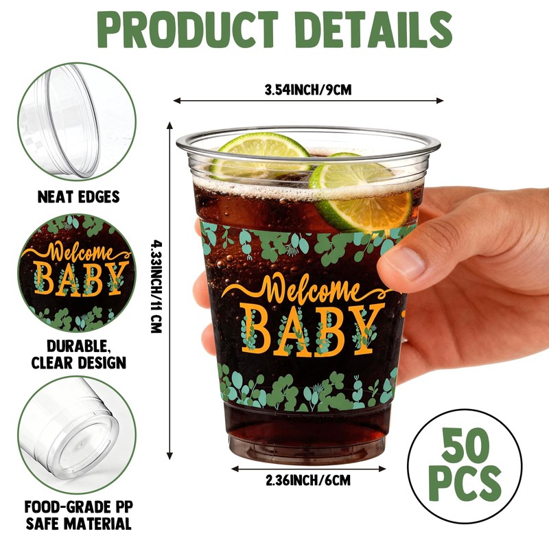 50 PCS Sage Green Baby Shower Plastic Cups,12 OZ Clear