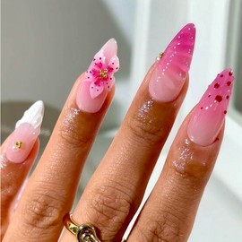 Gleamrain Pink Gradient Press on Nails with 3d Floral and Polka Dot Designs 24pcs for Elegent Girls and Ladies