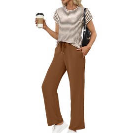 Glamaker 2 Piece Sets for Women Summer Travel Outfits Crewneck Casual Tops Wide Leg Pants Matching Sets Sweatsuit Tracksuits Coffee M