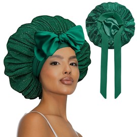 Vettres Satin Hair Bonnet for Sleeping Party Double Layer Bonnet Glittering Mesh Sleep Cap for Curly Natural Hair, Green, Large