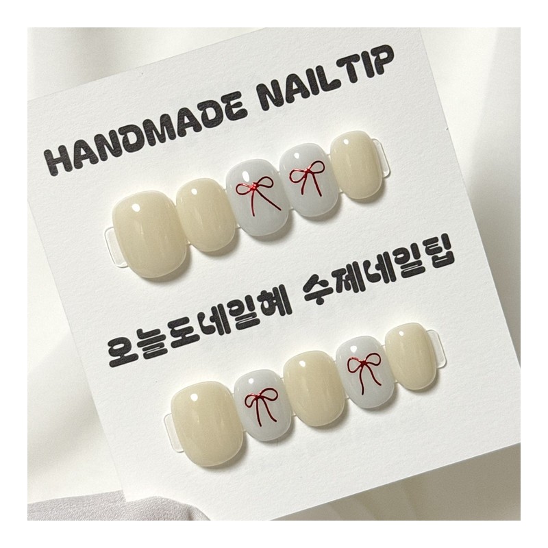Red Ribbon Handmade Nail Tips - Round / 레드 리본