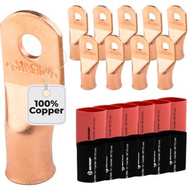 SELTERM 10pcs - 3/0 Awg - 5/16" Stud - Battery Lugs - Ring Terminal Connectors | with 12pcs 3:1 Black & Red Heat Shrink Tubing with Adhesive | Heavy Duty Battery Cable Ends - Bare Copper Wire Lugs Kit