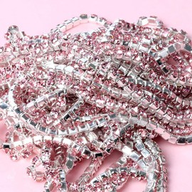 10M 2MM Shining Fashion Crystal Rhinestone Chain Sew on Silver Base Dense Claw Glass Rhinestone Trim Accessories for DIY Wedding Dresses Garment Hat Arts Crafts Event Decorations (Pink)
