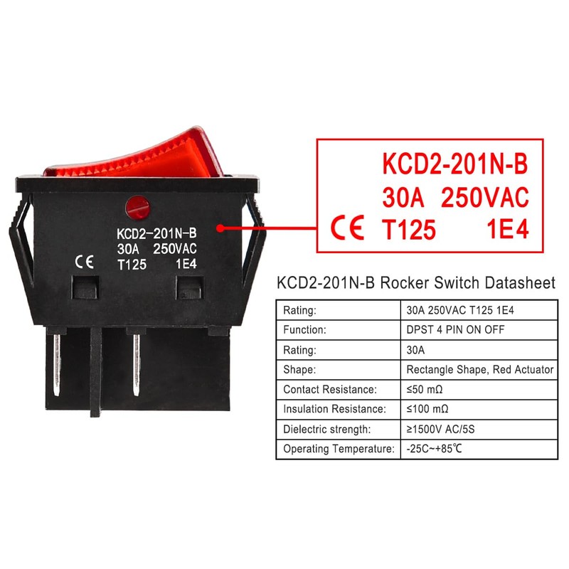 Heschen High Current Rocker Switch, 30A 250VAC, ON-OFF 2 Positions,