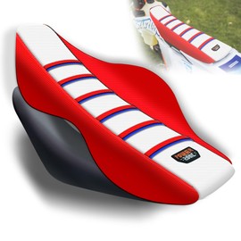 MCHMFG Universal Ribbed Dirt Bike Seat Cover for KX SX YZF CRF TTR - Gripper Striped Supermoto Dirtbike Seat Cover (Red-White-Blue)