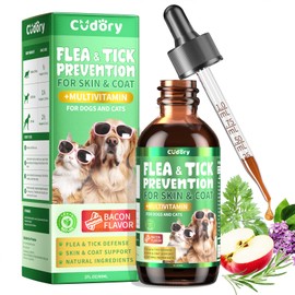 Oral Flea & Tick Prevention for Dogs and Cats, Natural Flea and Tick Defense Drops with Multivitamin for Pets - Supports Healthy Skin & Coat - Flea Herbal Drops All Breeds and Sizes - Bacon Flavor