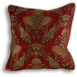 Shiraz Square Cushion Cover - Burgundy Red - Embroidered Damask Jacquard - Gold Piped Edges - Reversible - Zip Closure - 100% Polyester - 45 x 45cm (18" x 18" inches) - Made by Riva Paoletti