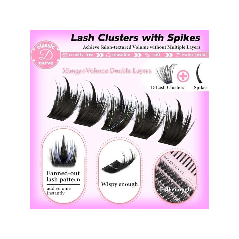 WISPY 스파이크가 있는 속눈썹 클러스터 키트, 80D+100D 개별 확장 D