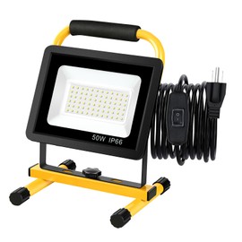 Gopretty 50W LED Work Light, 6000LM 6000K Flood Lights, 400W Halogen Equivalent, IP66 Waterproof, 16ft/5m Cord with Plug, Adjustable Working Lights for Workshop, Garage, Construction Site