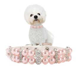 Pink Pearl XS Dog Collars, Pearl Cat Collar, Female Dogs Necklace with Crystal Diamond Rhinestone Jewlled for Kitten Small Medium Dogs Wedding & Birthday Gift,XS