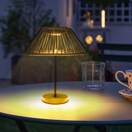 Black Solar Table Lamp, 14.37" Large Handmade Rattan Woven Desk Outdoor Lamps for Patio Waterproof with 6 Bright LED Lights Boho Table Lamp Lantern for Garden Balcony Yard Room Decor