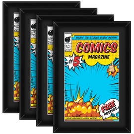 Geetery 4 Pack Comic Book Frame, UV Protection, Comic Picture Magazine Frames Fits Current up to 6 3/4 x 10 1/4, Wall or Tabletop Display with Spring Clips Installed Hangers(Black (Black Mat))