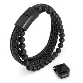 Akitsune Bellum Synthetic Pearl Leather Bracelet | Magnetic Clasp Made of Stainless Steel - Braided Men's Bracelet Including Beautiful Jewellery Box, Stainless Steel
