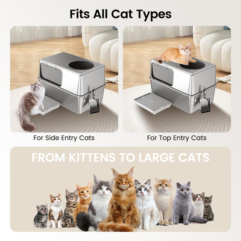 Aothey Stainless Steel Litter Box with Lid, Enclosed Metal with