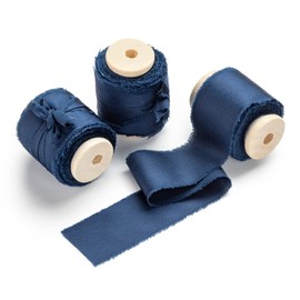 AOKSUNOVA Dark Blue Satin Ribbon 1.5Inch x 15Yards Handmade Fringe Wrapping Ribbon Fabric Silk Ribbons For Wedding Invitations, Bridal Bouquets, DIY Crafts