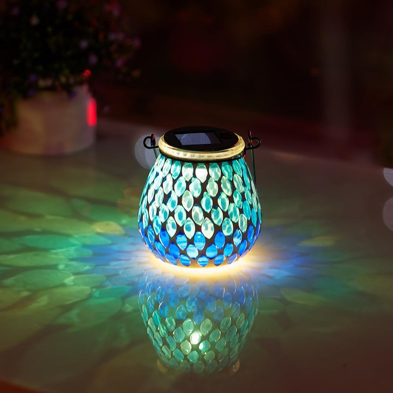 Starsoul Solar Lanterns Outdoor Waterproof, Elegant Blue Glass Mosaic Solar