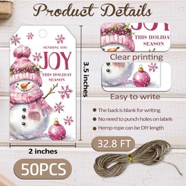 Christmas Gift Tags with String, Pink Snowman Merry Christmas Tags, 2 x 3.5 Inch Writable Hanging Labels, Celebrating Party Supplies for Gift Wrapping, Xmas Tree, DIY Craft, Home Decor(50Pcs)-B25
