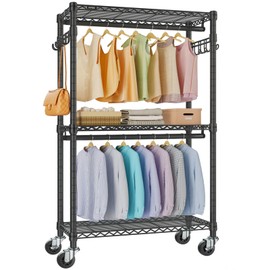 VIPEK R2 Medium Rolling Clothes Rack Heavy Duty Clothing Rack for Hanging Clothes Adjustable Metal Wire Shelving Portable Closet with Wheels Side Hooks, Freestanding Closet Wardrobe, Black