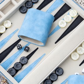 Backgammon Sets for Adults, Classic Board Game with Foldable Leather Backgammon Case, Portable Travel Backgammon Set, Includes 30 Artificial Horn Checkers (Blue)