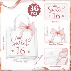 Sweetude 36 Pcs Sweet 16 Birthday Gift Bag 16th Party Gift Bags with Handles and Ribbons Clear Birthday Party Favors for Guests 16 Years Sweet Birthday Supply Decorations