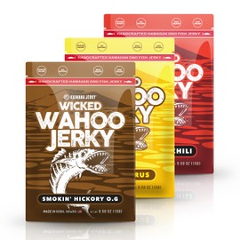Wahoo Ono Fish Jerky Variety Sampler- Smokin' Hickory O.G, Island Citrus & Spicy Chili - Organic, Gourmet Smoked Fish Strips, Rich in Omega-3 & Protein, Low-Calorie, Low Sodium & Sugar- 3/0.5 oz Variety Pack