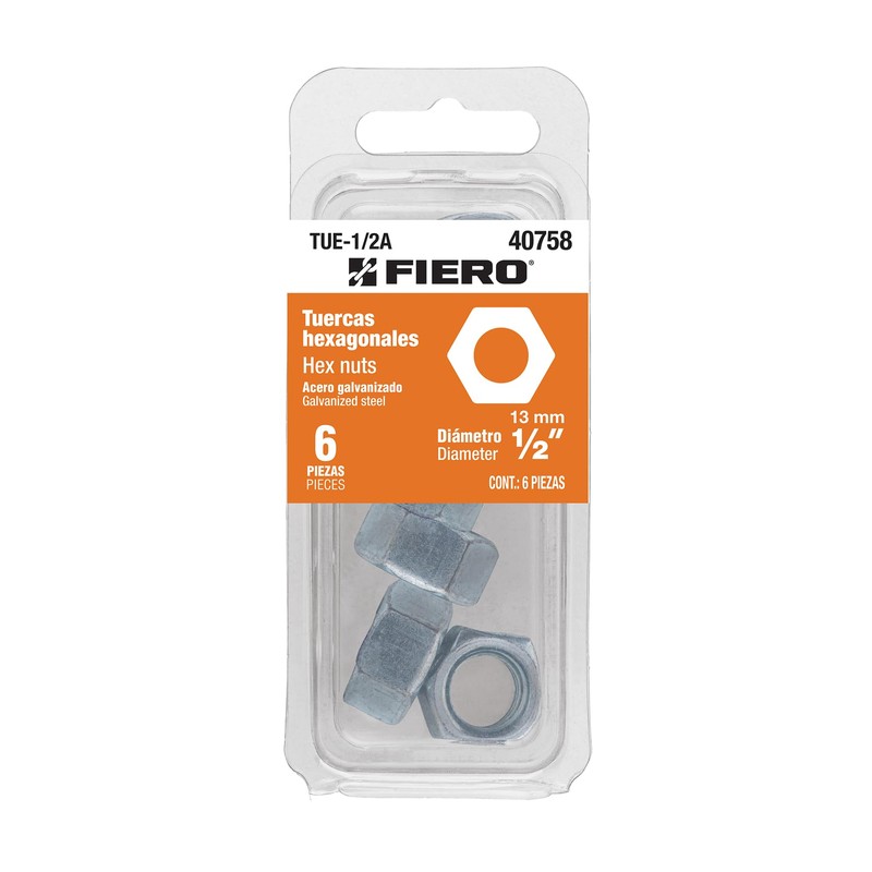 Fiero TUE-1/2A, Blíster con 6 tuercas 1/2" hexagonales de acero
