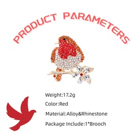 GAUEIOUR Christmas Brooch Badge Pins,Red Rhinestone Animal Robin Bird Sparkly Badge Pins for Women Men Clothes Party Decoration Boutique Fashion Jewellery Presents