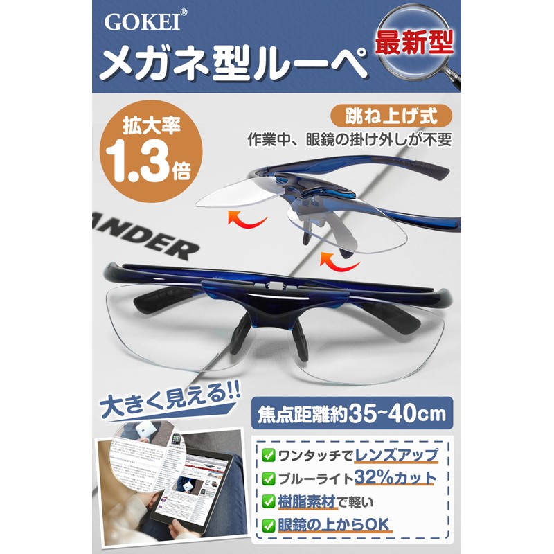 Gokei Magnifying Glasses, Flip-up Magnifying Glasses, Blue Light Cut, Magnifier,