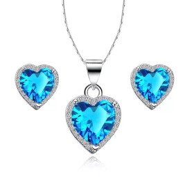 Paris Jewelry 18k White Gold Plated Heart 4 Ct Created Blue Topaz Full Set Necklace, Earrings