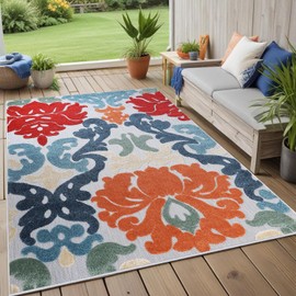 Superior Indoor Outdoor Area Rug, for Patio, Poolside, Deck, Backyard, Playroom, Kitchen, Dining Room Floors, Mudroom, Floral Damask Floor Cover, Lowell Collection, 4' x 6', Multicolor