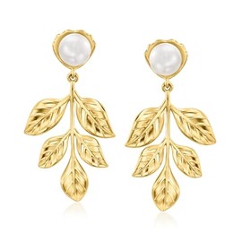Ross-Simons 7-7.5mm Cultured Pearl Leaf Drop Earrings in 18kt Gold Over Sterling