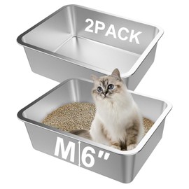 Lawei 2PCS Stainless Steel Cat Litter Box, Medium Metal Litter Pan for Kitty/Kitten/Cat/Rabbits, Non Stick Litter Boxes, Rust Proof Indoor Litter Tray, 17.5 x 13.5 x 6 Inch, Easy to Clean, Non Smell