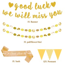 We Will Miss You Banner - Gold Retirement Decorations Set With Glitter Triangle Bunting, Good Luck Graduation Garland Banners for Leaving Farewell Party Supplies