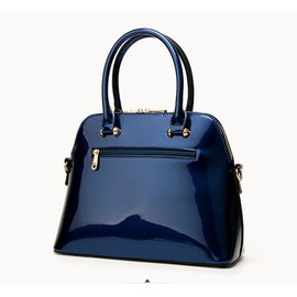 Patent Leather Dome Satchel Purse Zip-around Handbag Multi-Pocket Shoulder Bag Shiny Large Top-handle Shell Bag (Blue+Glasses Case)