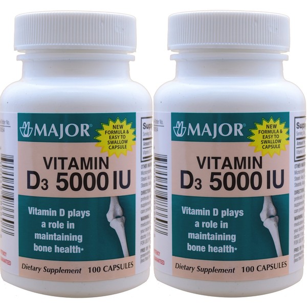Vitamin D3 as Cholecalciferol 5000 IU Vitamin D Supplement 100 Capsules per Bottle PACK of 2 Total 200 Capsules