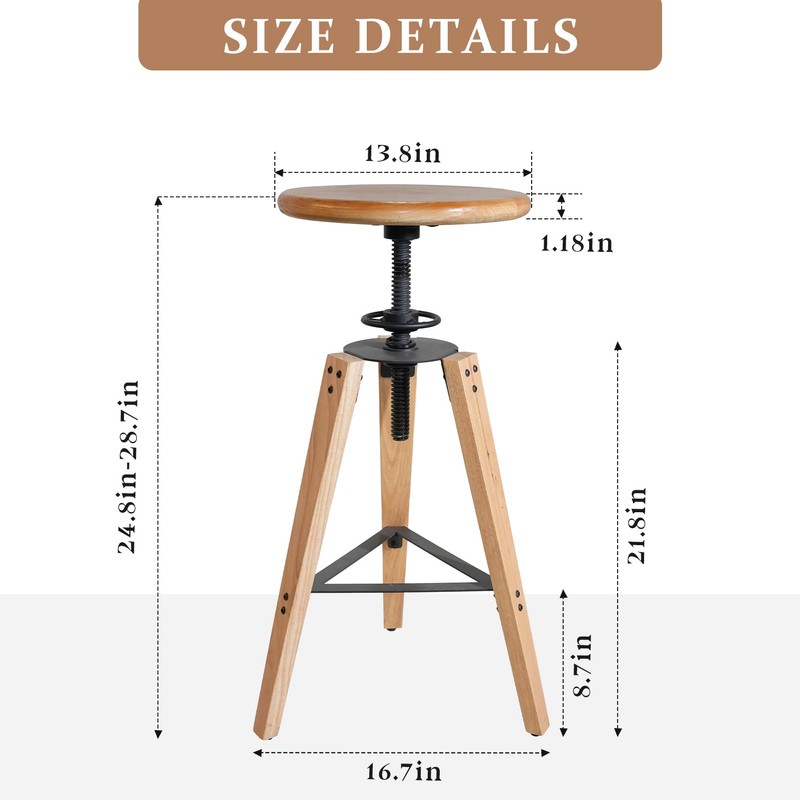 LOKKHAN Adjustable Height Swivel Bar Stool - Industrial Rustic Style,