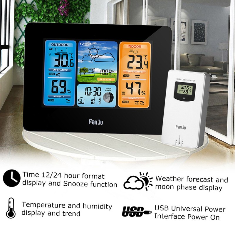 FJ3373 Multifunction Digital Weather Station LCD Alarm Clock Indoor Outdoor