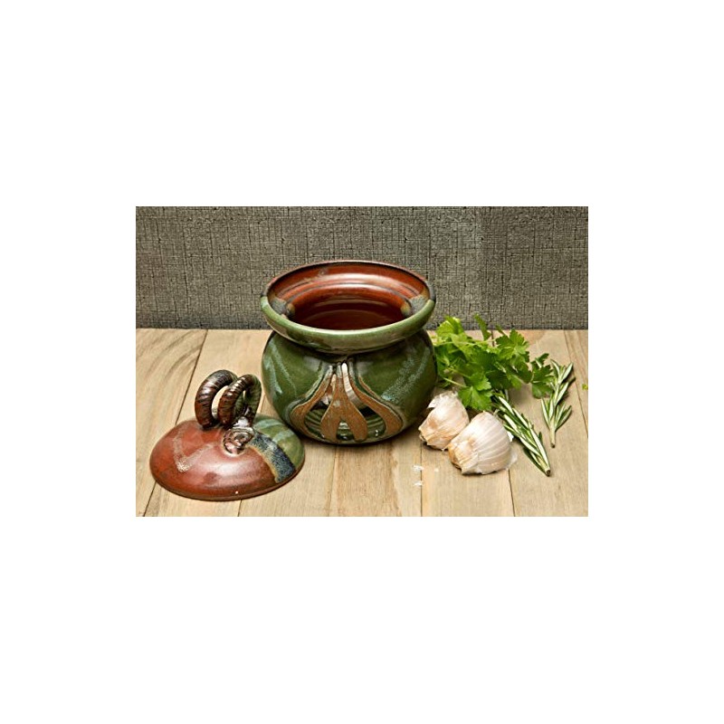 Ceramic Garlic Storage Keeper, Made in the USA, Green, Hand