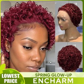 Encharm Human Hair Wig Short 13x1 Lace Front Burgundy Curly Wave 6 Inch Lightweight Pixie Cut 150% Density Wavy Natural Bouncy Curls - Color: 1B#