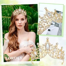 Cinaci Gold White Crystal Rhinestone Birthday Party Prom Wedding Bridal Queen Princess Crown Tiara Headband Hair Accessory Gems Jewelry Headpiece for Women Girls Brides (2 Bobby Pins Included)
