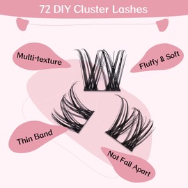 Cluster Eyelashes, Pack of 72 Individual Eyelashes, Eyelash Clusters, DIY Eyelash Extensions, Super-Thin Band, Reusable, Soft & Comfortable (Infatuation-D-10 mm)
