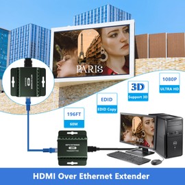 HDMI Extender Over Cat5e/Cat6, HDMI Over Ethernet, HDMI Extender 1080P Transmit Up to 196Ft(60m), HDMI Over Cat5/Cat6, HDMI To Ethernet Adapter, Ethernet to HDMI Adapter, HDMI Transmitter and Receiver