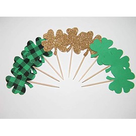24 Four Leaf Clover Shamrock cupcake toppers - St. Patrick's Patty's Day Decorations - Green Buffalo plaid, green & Gold glitter - party shower wedding decor