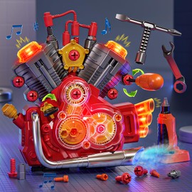 Jovow Engine Building Kit, Kids Mechanic Toys for Motorcycle Engine Toy, STEM Engine Model Kit Toy with Cool Light and Music, Educational Science Building for Boys Age 3+Year Old Mechanic Tools (Red)