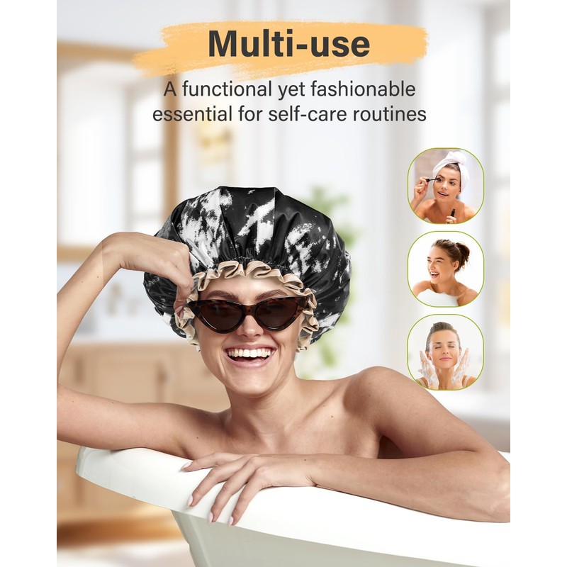 mikimini Large Shower Cap for Women Long Hair, Black and