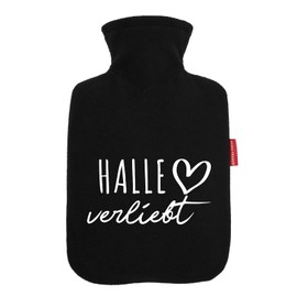 Huuraa Wärmflasche Halle verliebt Geschenk 1,8 Liter Black Classic Veloursbezug Halle Präsent