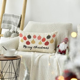RLCMO Christmas Colorful Bells Throw Pillow Cover Merry Christmas 12 x 20 Inch Linen for Sofa Couch Waist Pillowcase Decoration Room Home Decor Car Cushion Cover Seat Cushion
