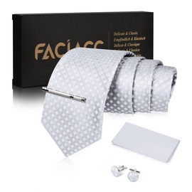 FACIACC Men's Silk Chief Tie Clip, Cufflinks Set of 4, Dot, Formal, Father's Day, Black/Silver, Silver