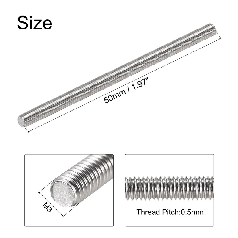 sourcing map 10Pcs M3 x 50mm Fully Threaded Rod 304